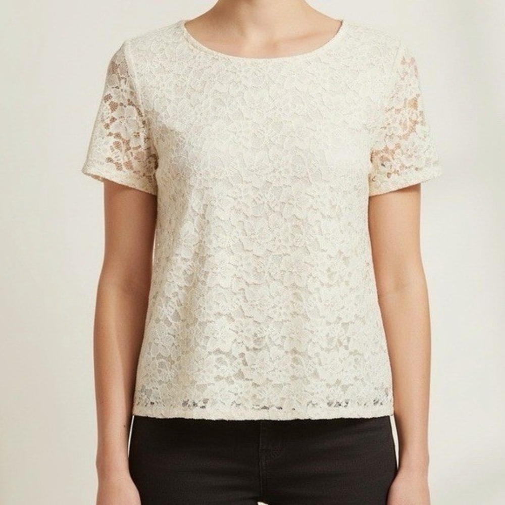 NWT Talbots Lace Top Women PM Cream Floral Short Sleeve Blouse Ivory Petite Med